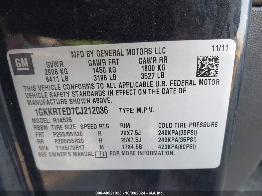 2012 GMC Acadia Denali VIN: 1GKKRTED7CJ212036 Lot: 40521923