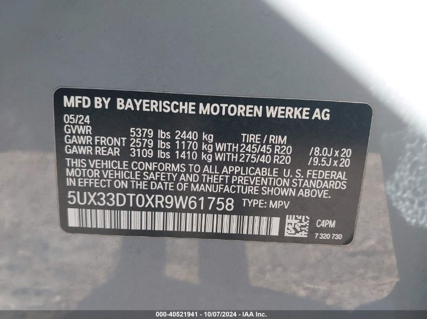 2024 BMW X4 xDrive30I VIN: 5UX33DT0XR9W61758 Lot: 40521941