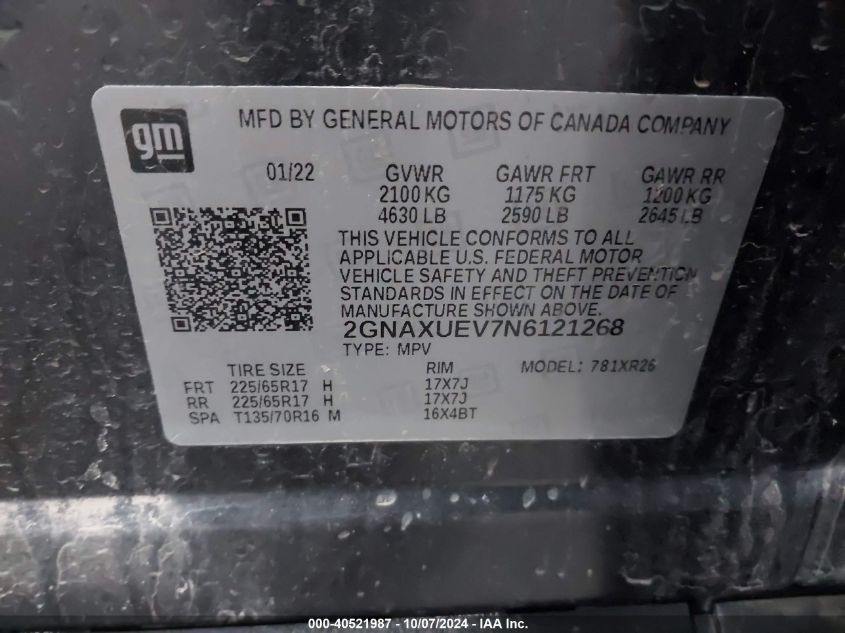 2GNAXUEV7N6121268 2022 Chevrolet Equinox Awd Lt