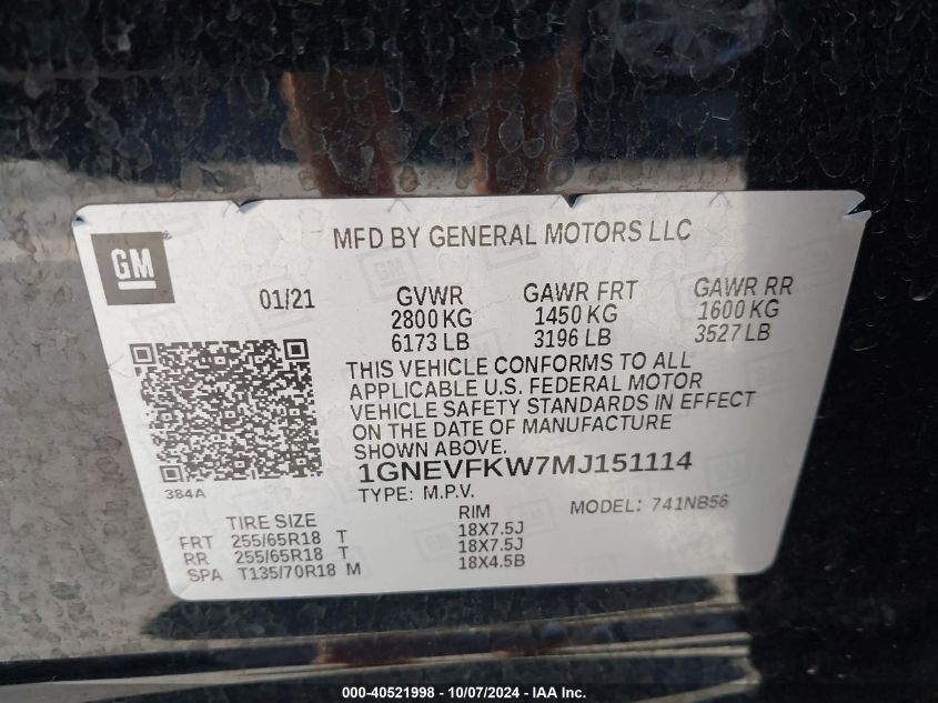 1GNEVFKW7MJ151114 2021 Chevrolet Traverse Awd Ls