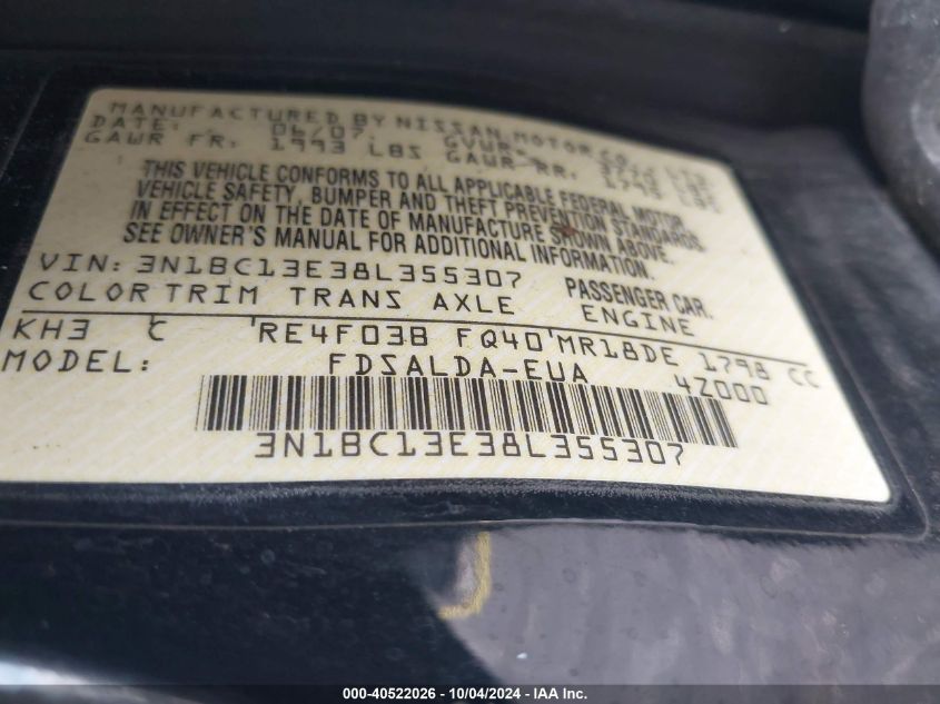 3N1BC13E38L355307 2008 Nissan Versa 1.8S