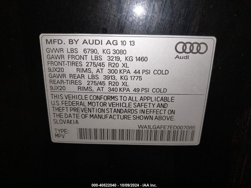 2014 Audi Q7 Premium Plus VIN: WA1LGAFE7ED007085 Lot: 40522040