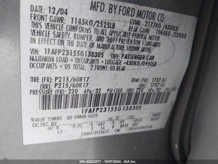 1FAFP23155G138305 2005 Ford Five Hundred Se