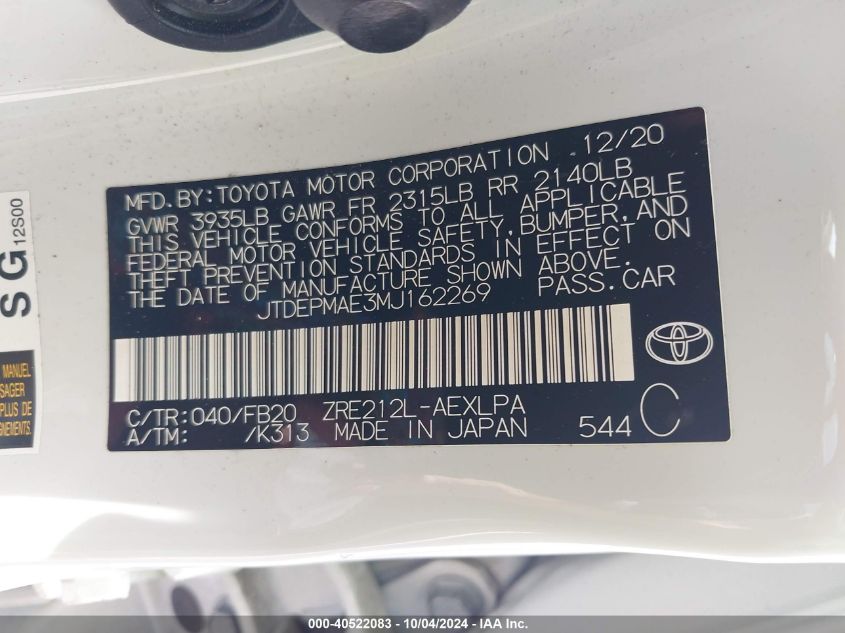 JTDEPMAE3MJ162269 2021 Toyota Corolla Le