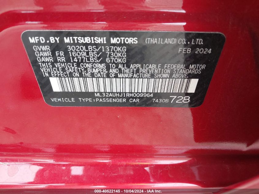 2024 Mitsubishi Mirage Es/Le VIN: ML32AUHJ1RH009964 Lot: 40522145