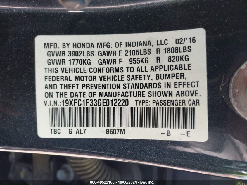 19XFC1F33GE012220 2016 Honda Civic Ex-T