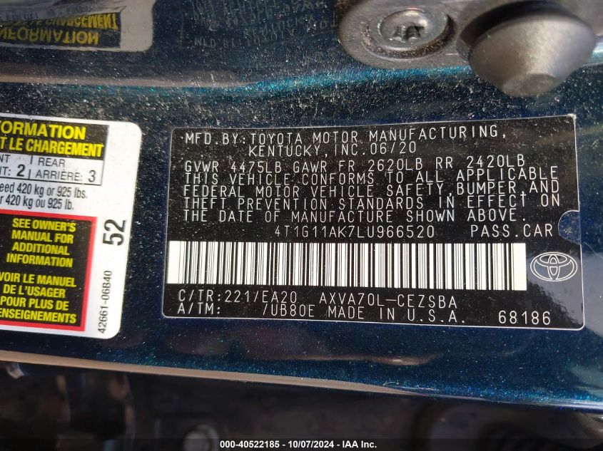 4T1G11AK7LU966520 2020 Toyota Camry Se