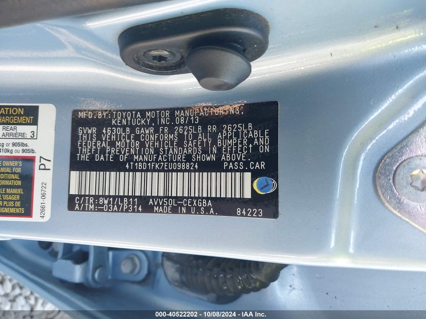 2014 TOYOTA CAMRY HYBRID VIN: 4T1BD1FK7EU098824
