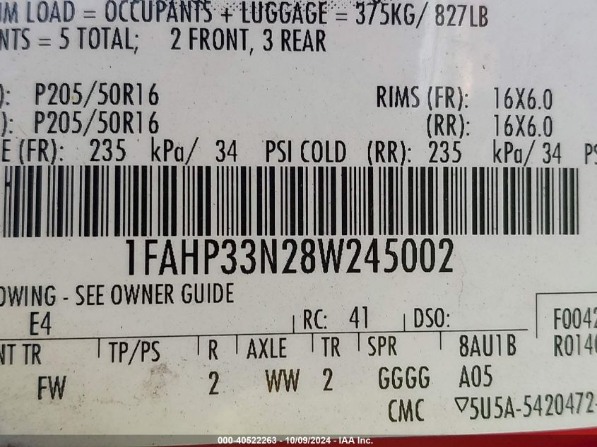 1FAHP33N28W245002 2008 Ford Focus Se/Sel/Ses