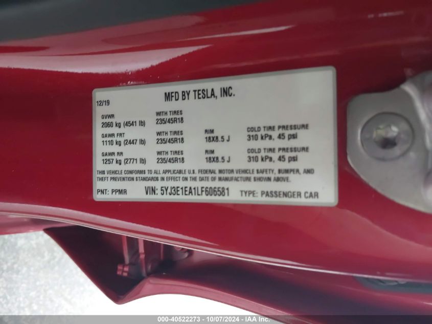 2020 Tesla Model 3 Standard Range Plus Rear-Wheel Drive/Standard Range Rear-Wheel Drive VIN: 5YJ3E1EA1LF606581 Lot: 40522273