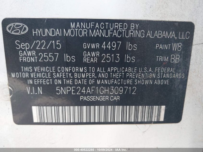 5NPE24AF1GH309712 2016 Hyundai Sonata Se