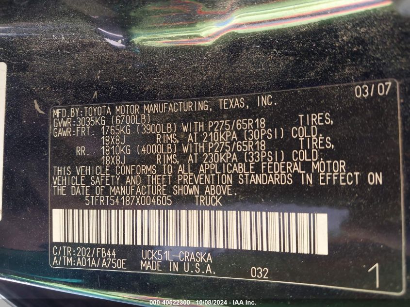 2007 Toyota Tundra Double Cab Sr5 VIN: 5TFRT54187X004605 Lot: 40522300