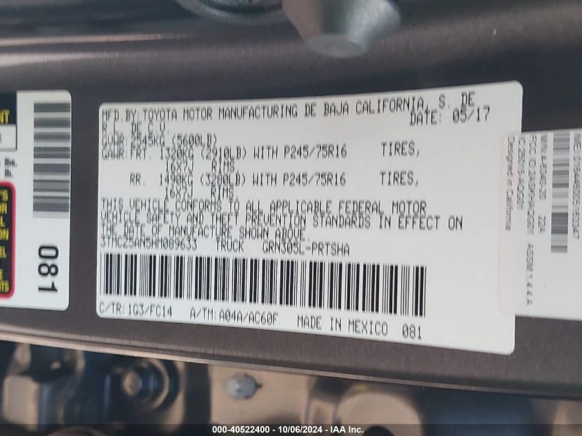 3TMCZ5AN5HM089633 2017 Toyota Tacoma Dbl Cab/Sr/Trdspt/Or/Pro