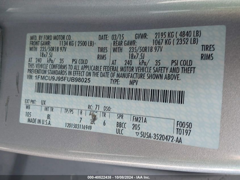 1FMCU9J95FUB98025 2015 Ford Escape Titanium