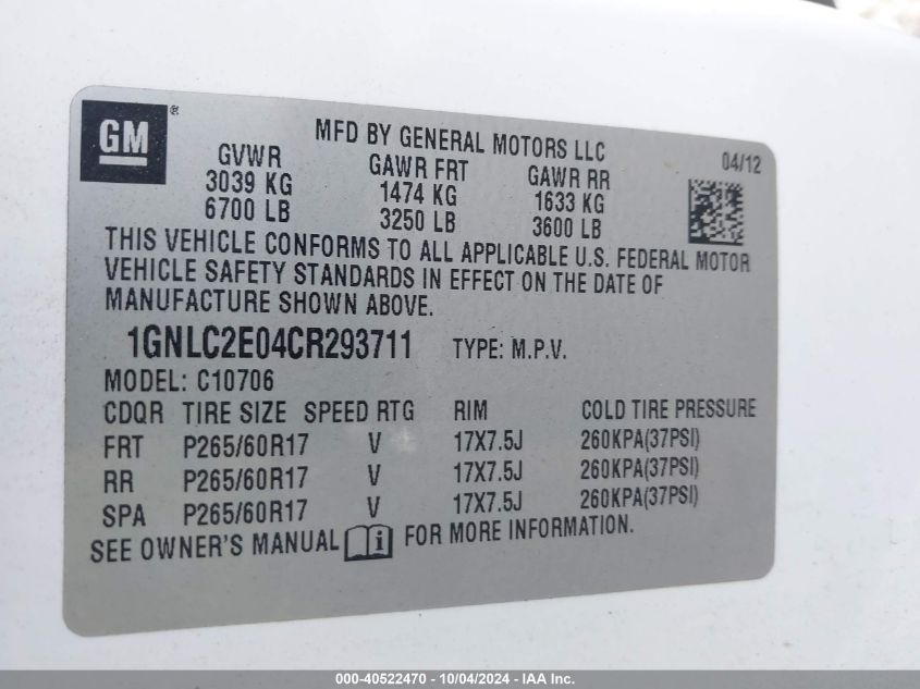 2012 Chevrolet Tahoe Commercial Fleet VIN: 1GNLC2E04CR293711 Lot: 40522470