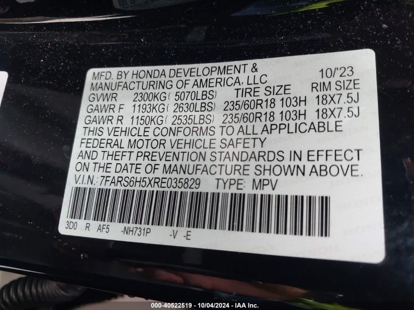 VIN 7FARS6H5XRE035829 2024 Honda CR-V, Hybrid Sport no.9