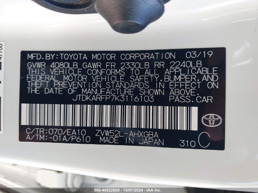 2019 Toyota Prius Prime Premium VIN: JTDKARFP7K3116103 Lot: 40522605