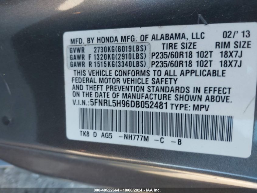 5FNRL5H96DB052481 2013 Honda Odyssey Touring/Touring Elite