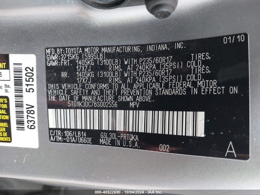 5TDYK3DC7BS002556 2011 Toyota Sienna Xle V6