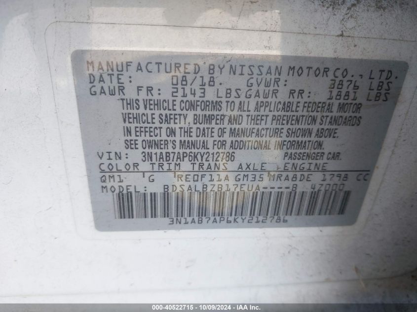 3N1AB7AP6KY212786 2019 Nissan Sentra S/Sv/Sr/Sl