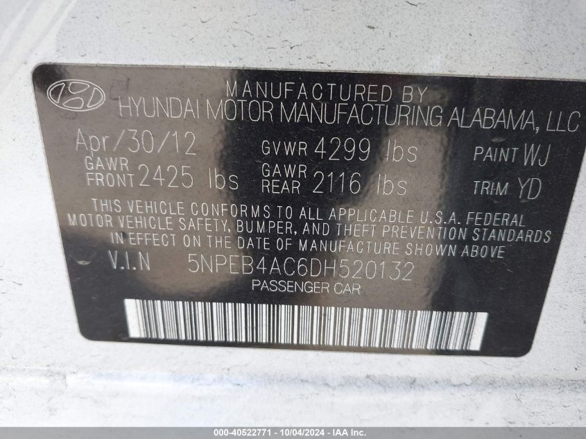 5NPEB4AC6DH520132 2013 Hyundai Sonata Gls