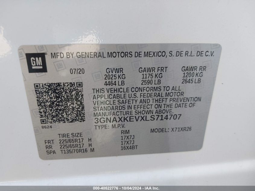 2020 Chevrolet Equinox Fwd Lt 1.5L Turbo VIN: 3GNAXKEVXLS714707 Lot: 40522776