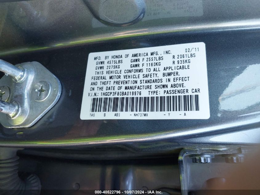 1HGCP3F80BA019976 2011 Honda Accord Exl