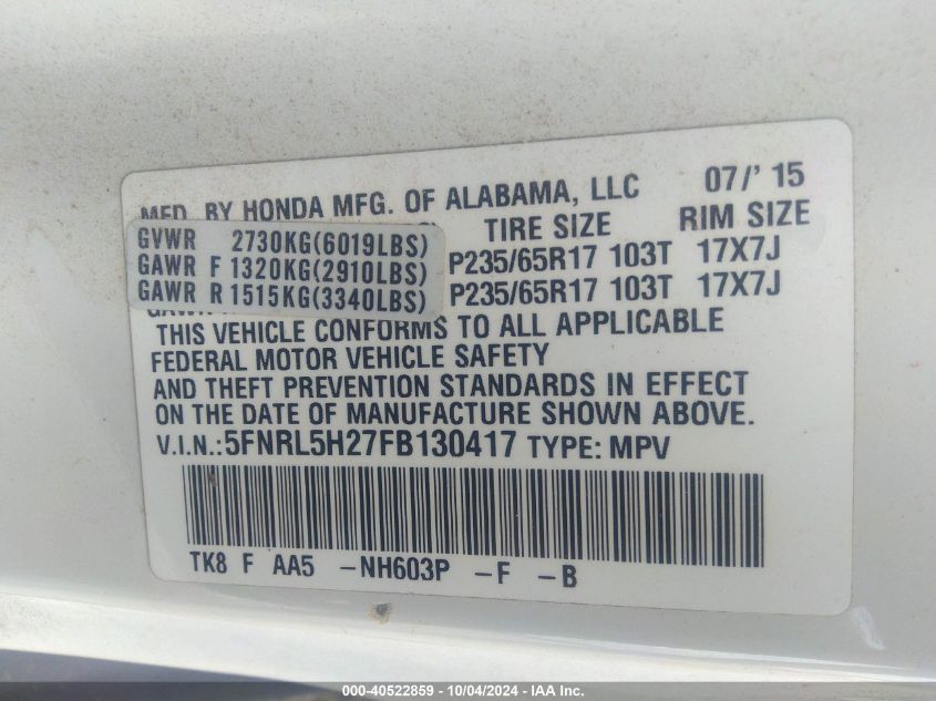 2015 Honda Odyssey Lx VIN: 5FNRL5H27FB130417 Lot: 40522859