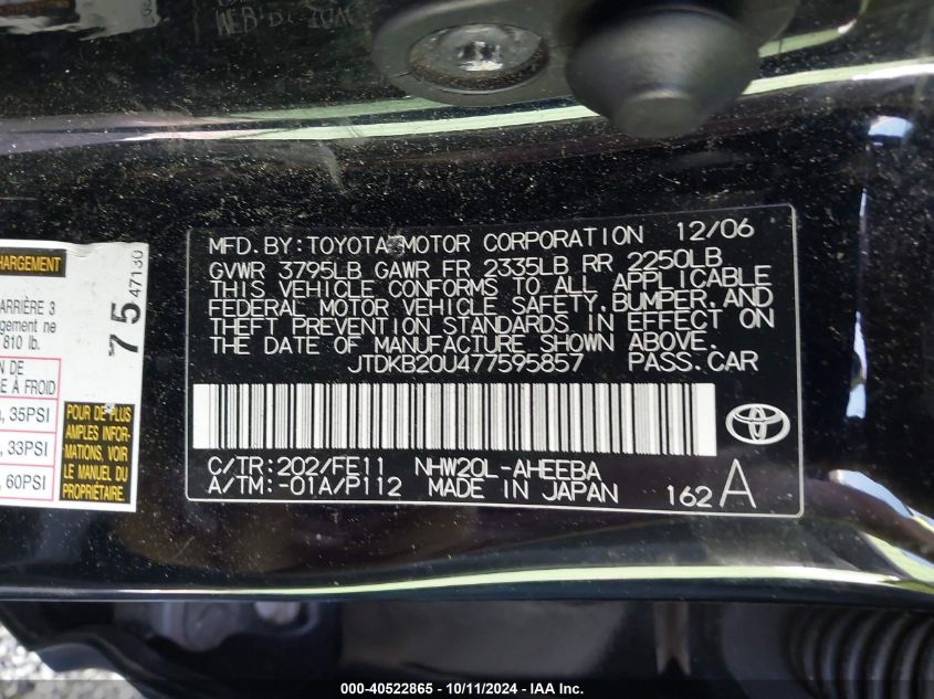 2007 Toyota Prius VIN: JTDKB20U477595857 Lot: 40522865