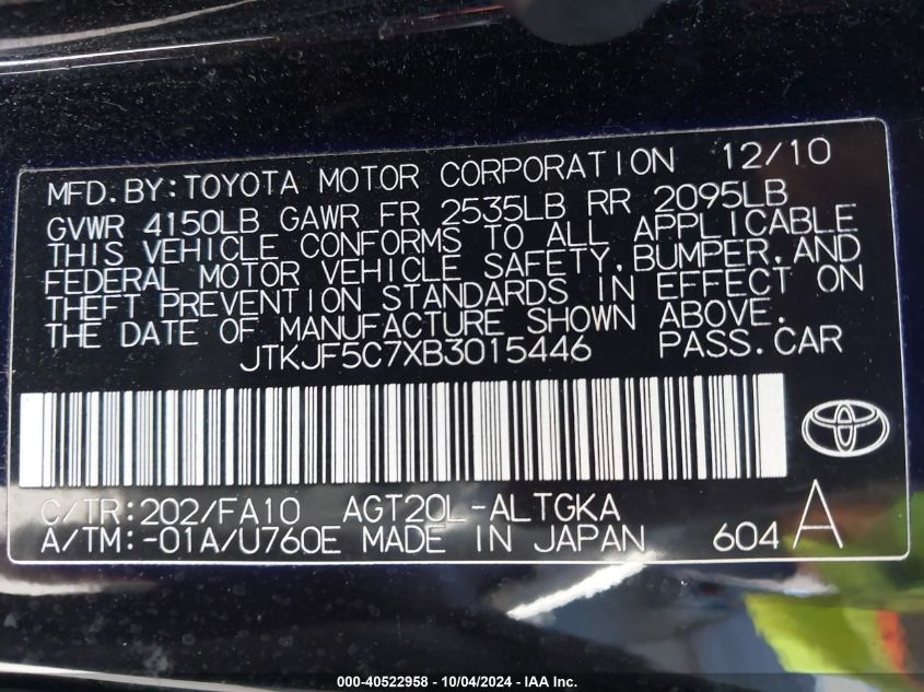 2011 Scion Tc VIN: JTKJF5C7XB3015446 Lot: 40522958