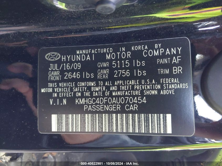 2010 Hyundai Genesis 4.6L VIN: KMHGC4DF0AU070454 Lot: 40522981