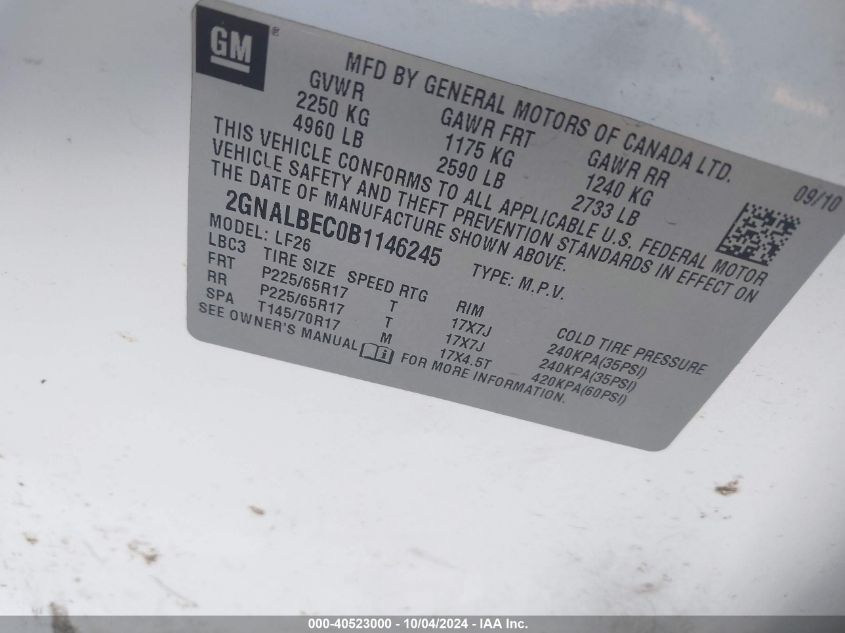 2GNALBEC0B1146245 2011 Chevrolet Equinox Ls