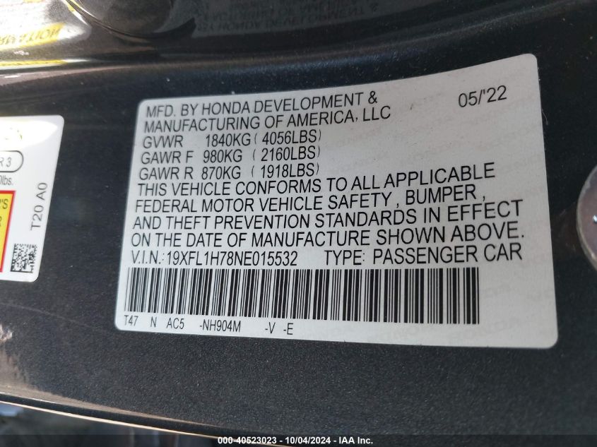 2022 Honda Civic Ex-L VIN: 19XFL1H78NE015532 Lot: 40523023