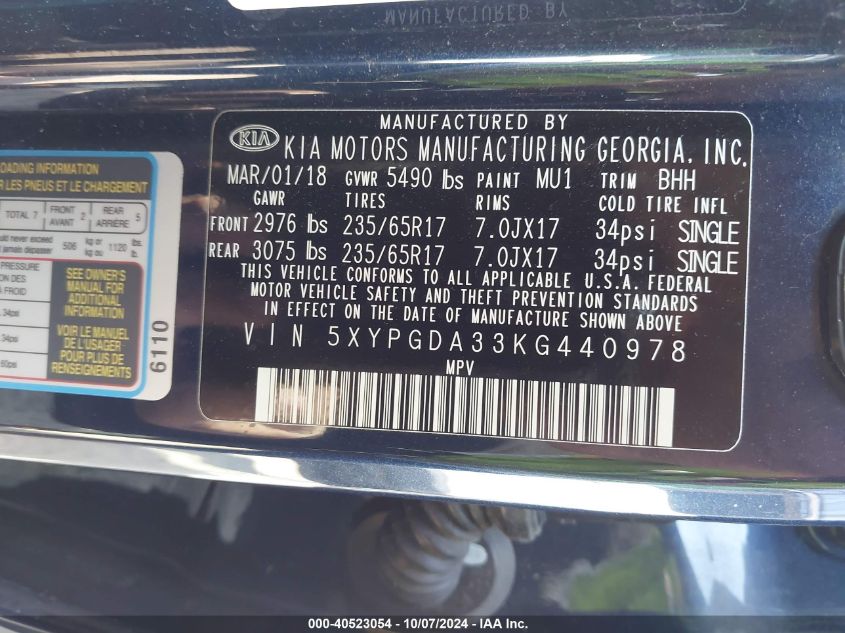 5XYPGDA33KG440978 2019 Kia Sorento 2.4L Lx