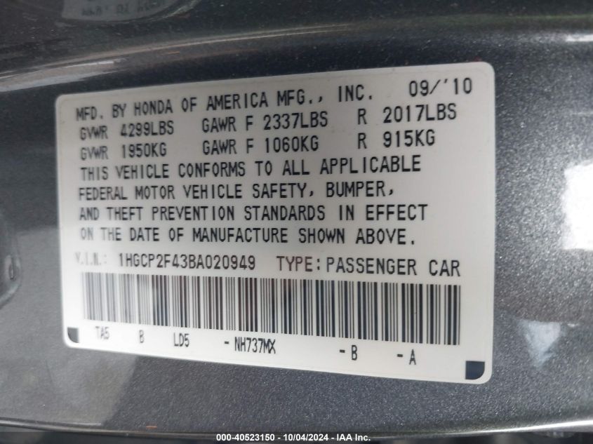 1HGCP2F43BA020949 2011 Honda Accord 2.4 Lx-P