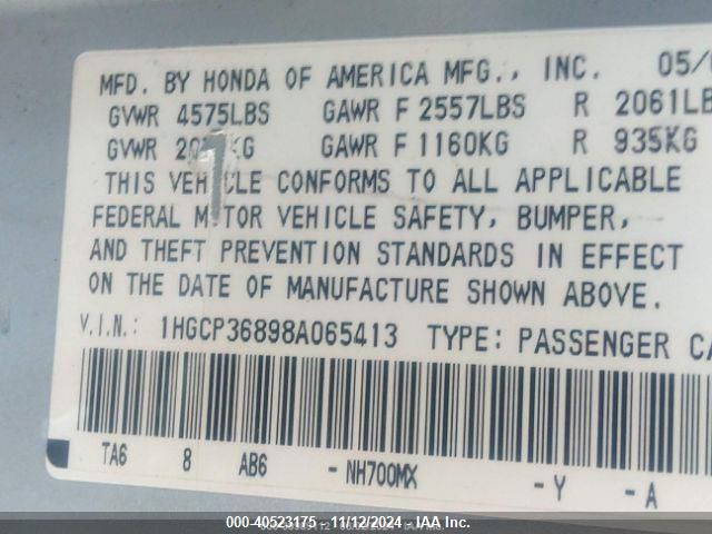 2008 Honda Accord 3.5 Ex-L VIN: 1HGCP36898A065413 Lot: 40523175