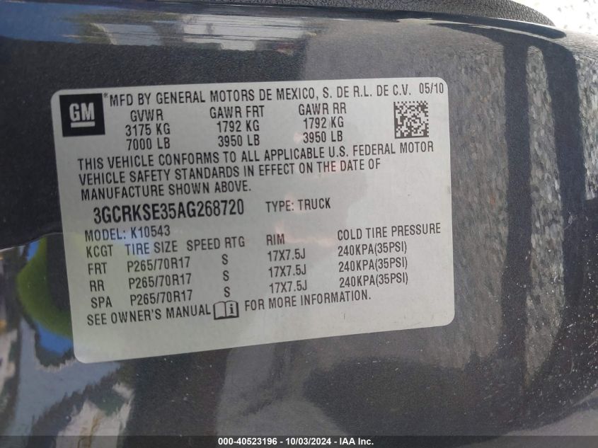 2010 Chevrolet Silverado 1500 Lt VIN: 3GCRKSE35AG268720 Lot: 40523196