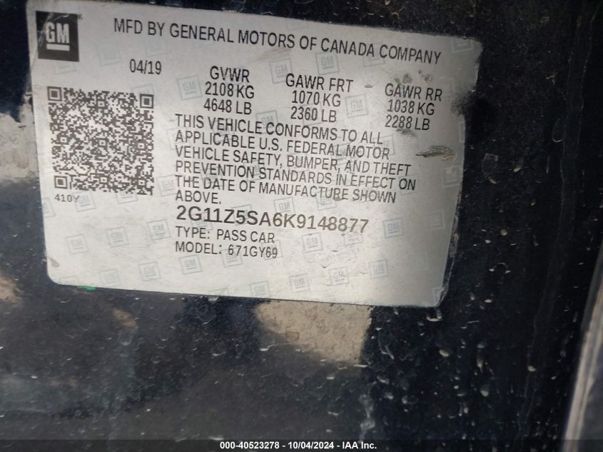 2G11Z5SA6K9148877 2019 Chevrolet Impala Lt