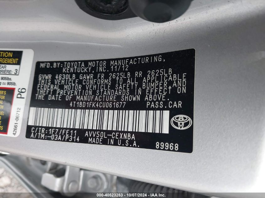 4T1BD1FK4CU061677 2012 Toyota Camry Hybrid Le