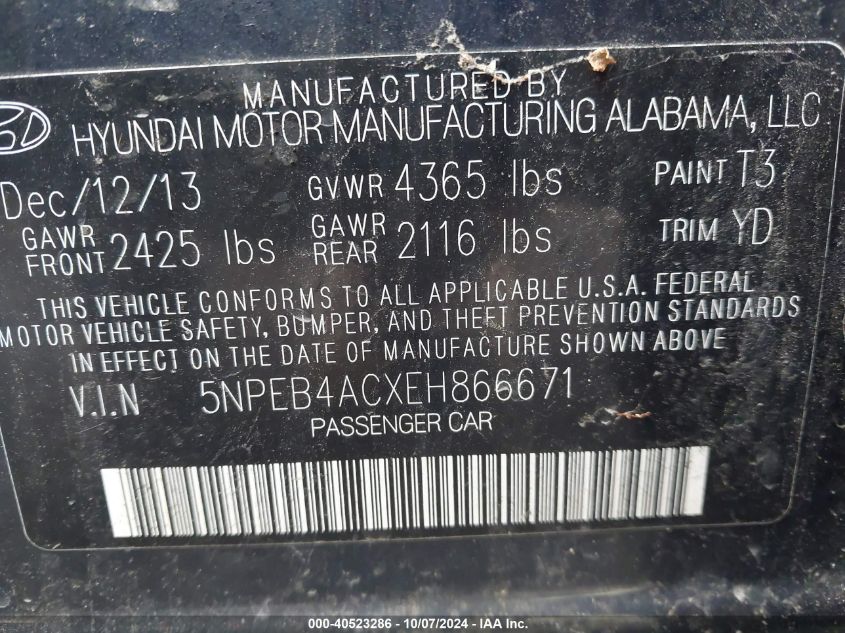 5NPEB4ACXEH866671 2014 Hyundai Sonata Gls