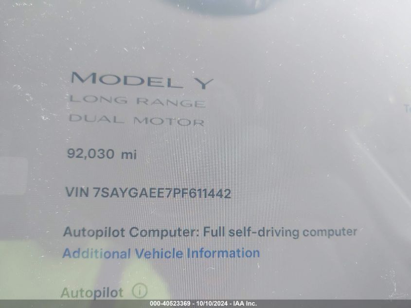 2023 Tesla Model Y VIN: 7SAYGAEE7PF611442 Lot: 40523369