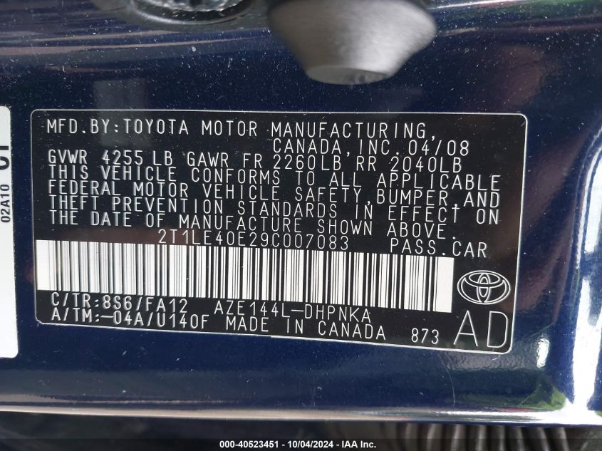 2T1LE40E29C007083 2009 Toyota Matrix S