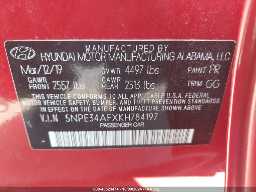 5NPE34AFXKH784197 2019 Hyundai Sonata Sel