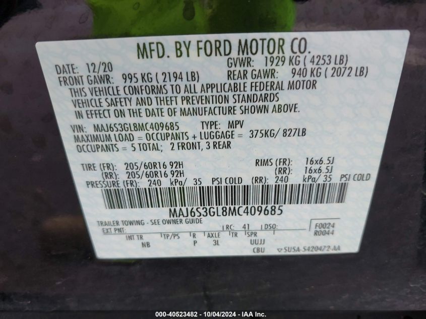 MAJ6S3GL8MC409685 2021 Ford Ecosport Se