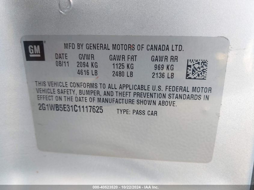 2012 Chevrolet Impala Lt VIN: 2G1WB5E31C1117625 Lot: 40523520