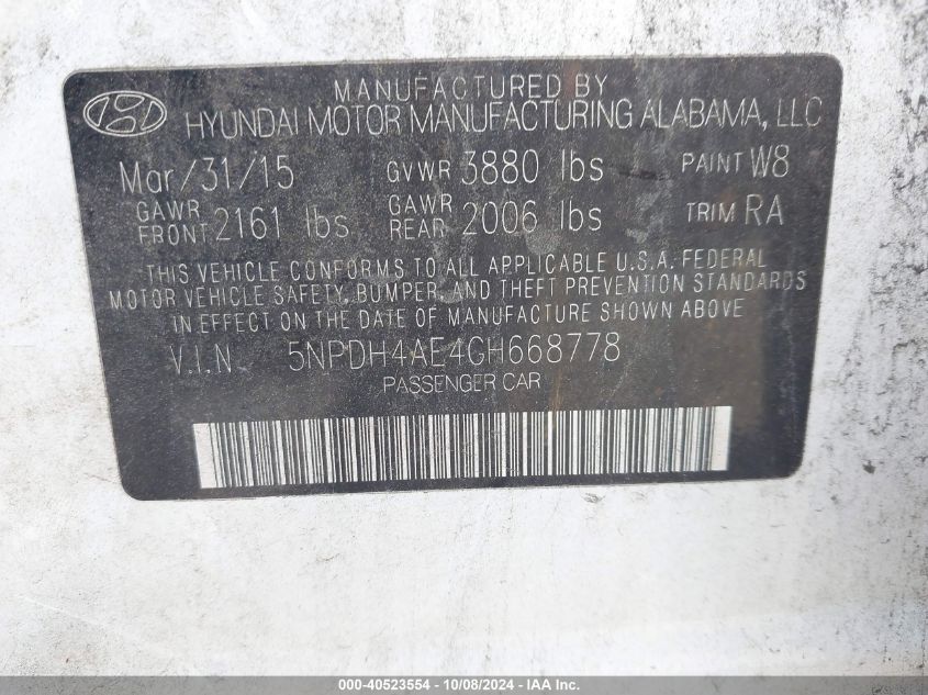 5NPDH4AE4GH668778 2016 Hyundai Elantra Se