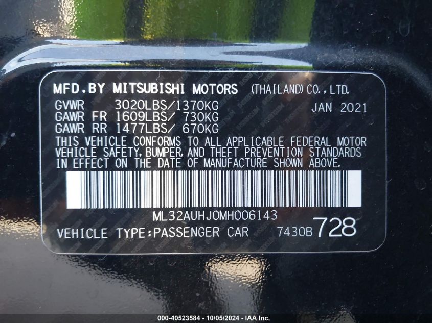 ML32AUHJ0MH006143 2021 Mitsubishi Mirage Es/Le/Carbonite Edition