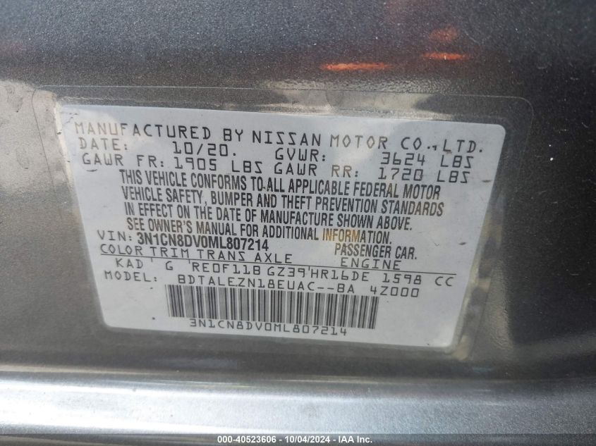 3N1CN8DV0ML807214 2021 Nissan Versa S Xtronic Cvt