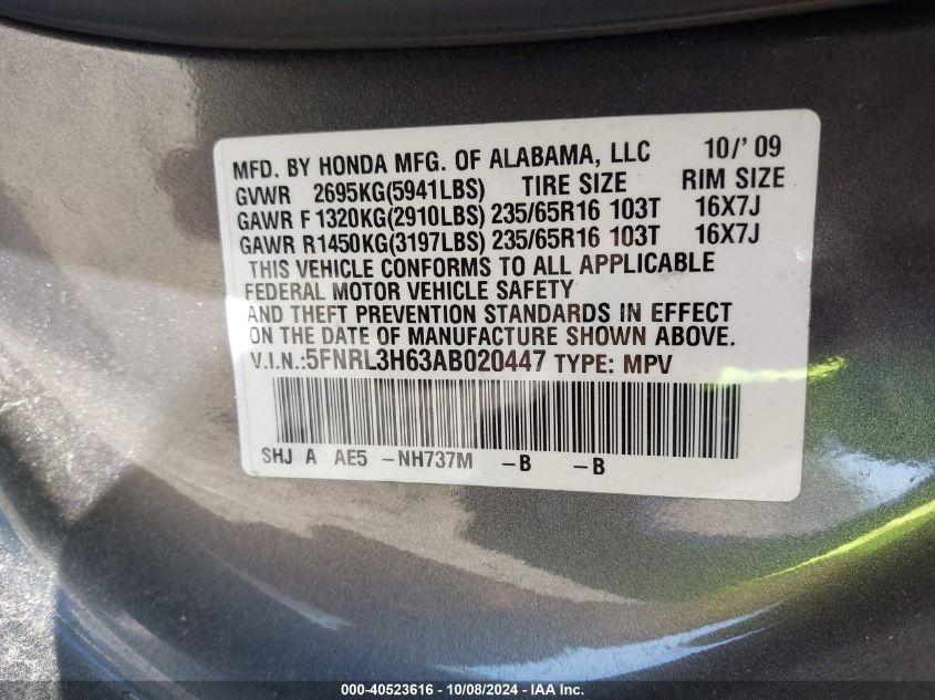 5FNRL3H63AB020447 2010 Honda Odyssey Ex-L