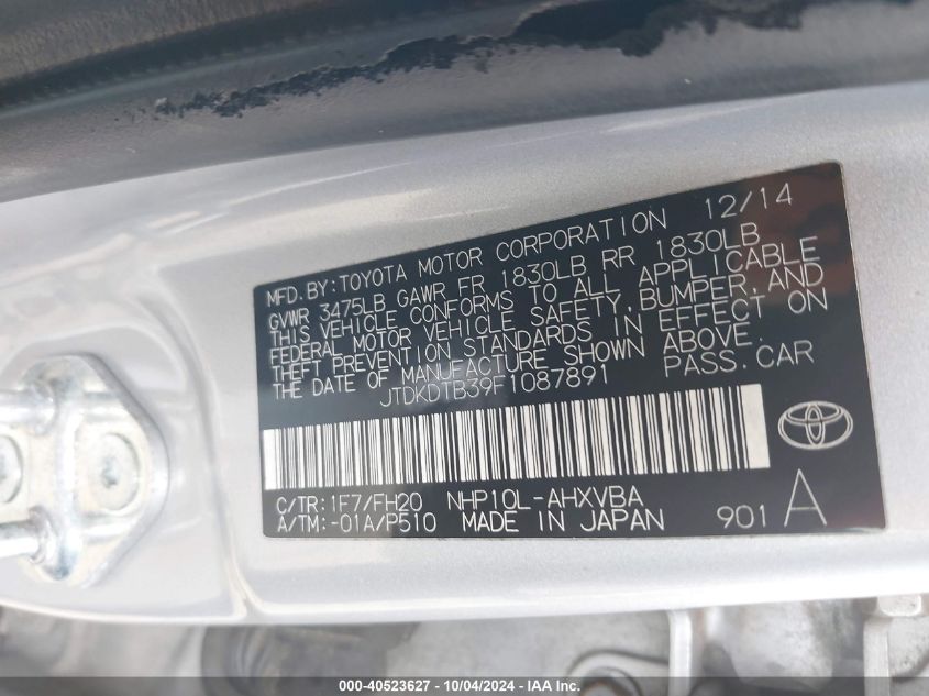 JTDKDTB39F1087891 2015 Toyota Prius C One